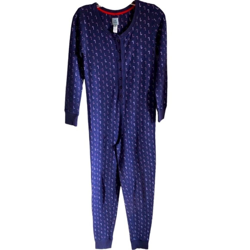 Jane and Bleecker thermal navy candy‎ cane pajama onesie XS holiday Christmas